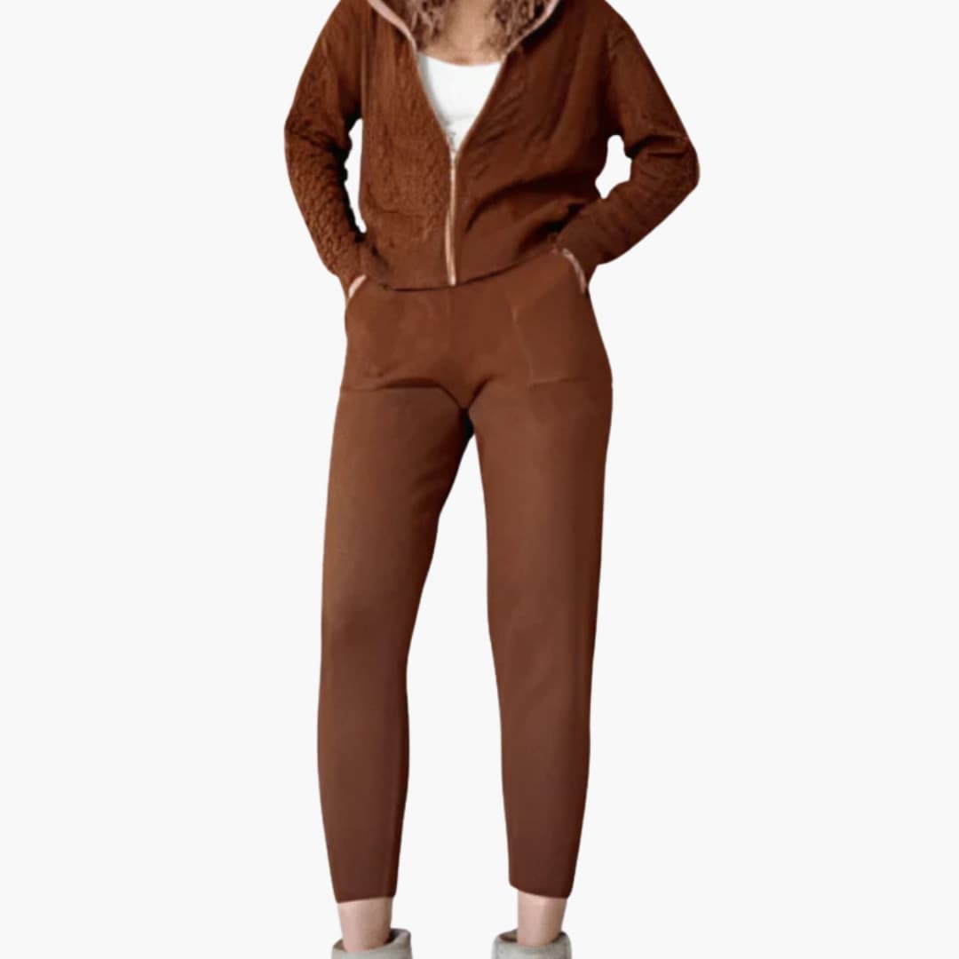 Women's gray zip-up hoodie set with slim fit pants, twisted sleeve detail for athleisure style