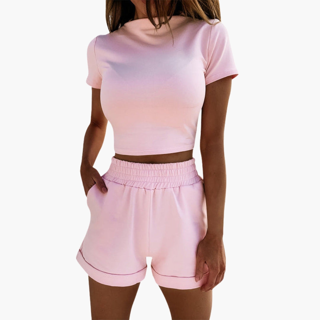 Women's two-piece crop top and shorts set, elastic waist, casual summer style with pockets