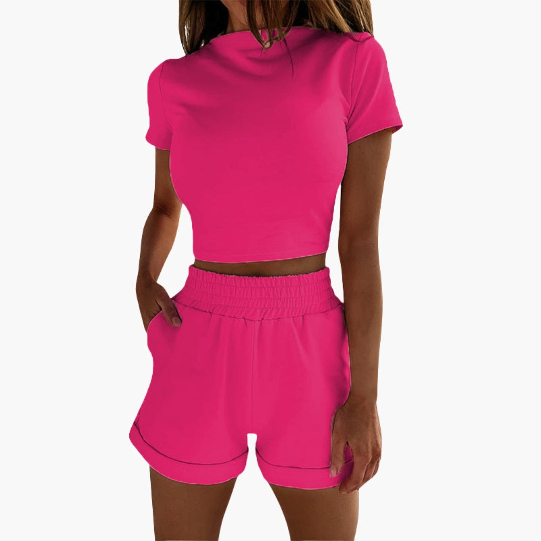 Women's two-piece crop top and shorts set, casual summer style with elastic waist and pockets