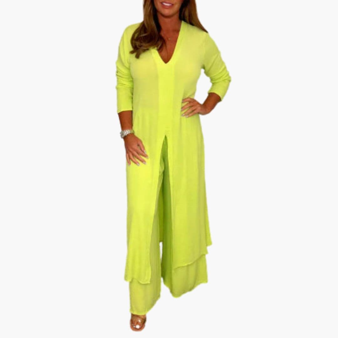 Women's V-neck tunic wide leg pants set elegant two-piece long sleeve front slit below-hip length