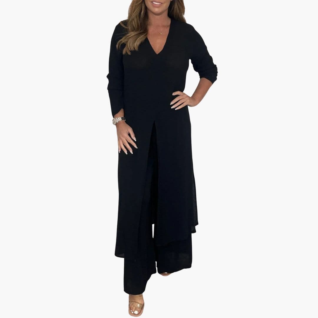 Women's V-neck tunic wide leg pants two-piece set elegant long sleeve front slit versatile outfit