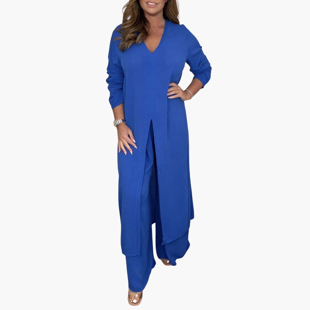 Women's V-neck tunic wide leg pants set elegant two-piece long sleeve front slit drape fit