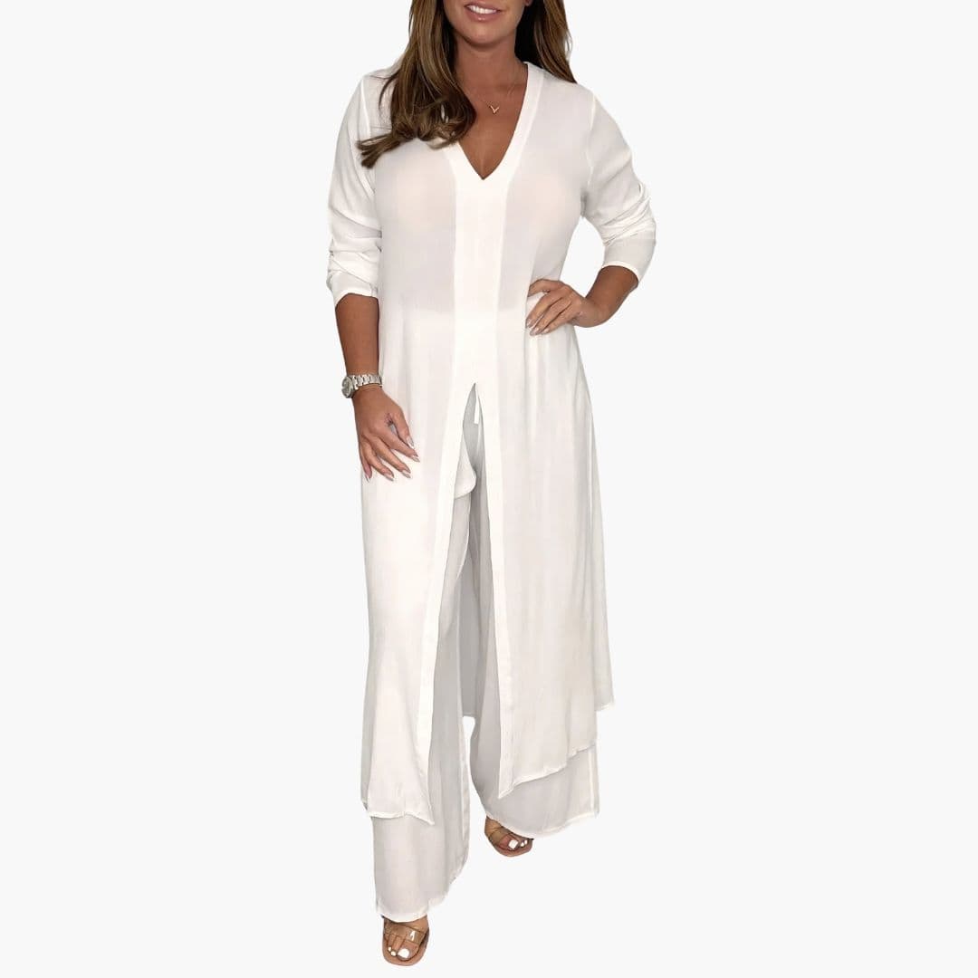 Women's V-neck tunic wide leg pants two-piece set long sleeves front slit flowy silhouette