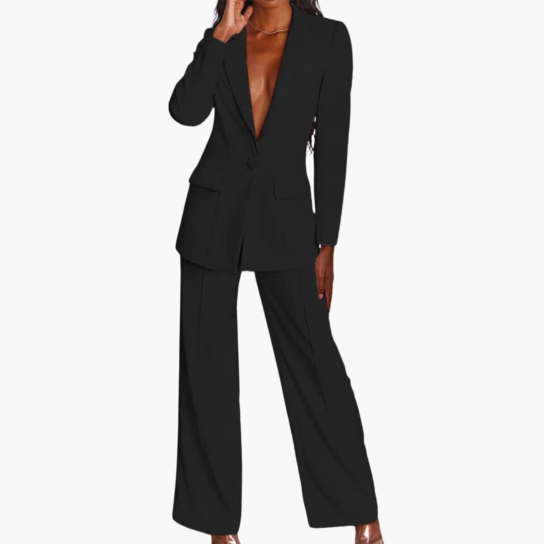 Women's notched collar blazer wide leg pants two-piece set elegant workwear tailored silhouette