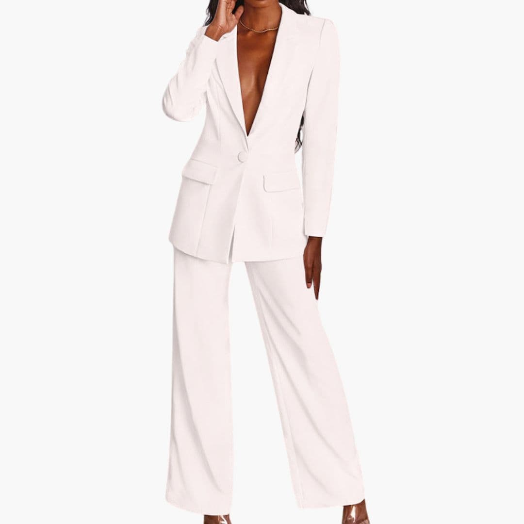 Women's tailored notched collar jacket wide leg pants two-piece set workwear office style