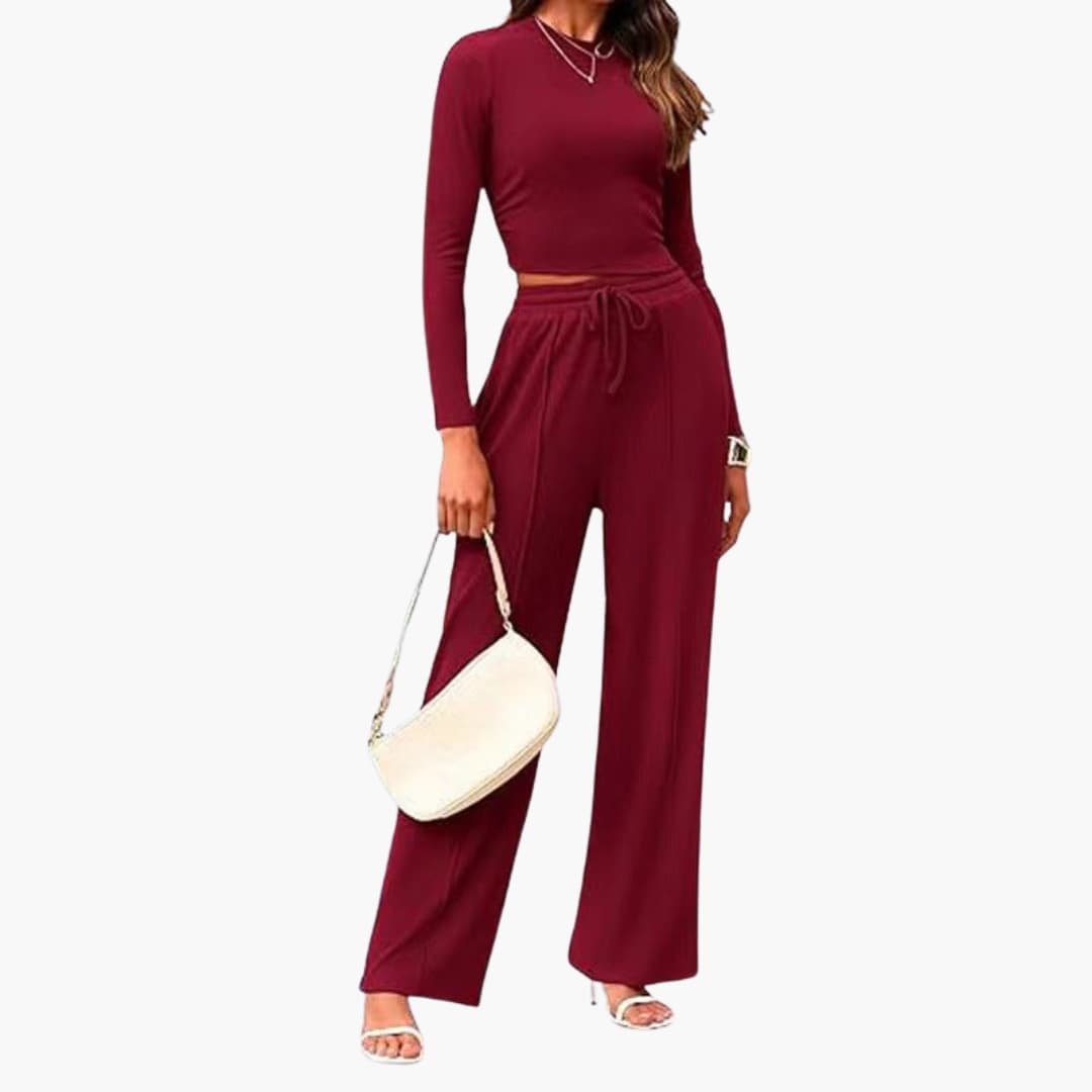 Women's lounge set long sleeve top wide leg pants elastic drawstring waist comfortable casual fit