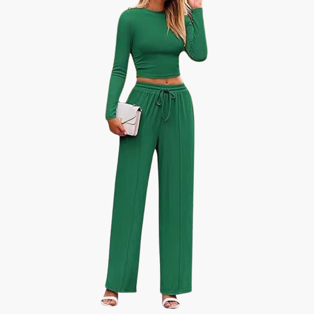 Women's lounge set long sleeve top wide leg pants elastic drawstring waist comfortable casual fit