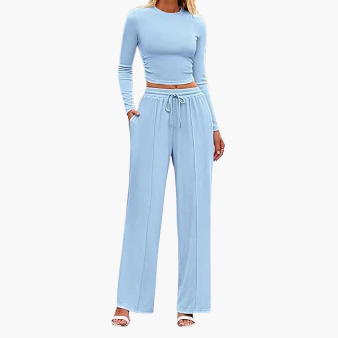 Women's lounge set long sleeve top wide leg pants elastic drawstring waist comfortable casual fit