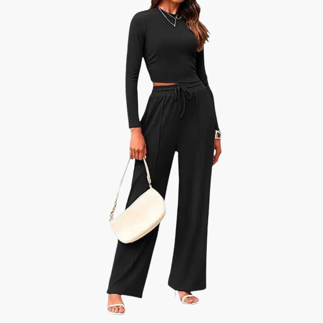 Women's lounge set long sleeve top wide leg pants elastic drawstring waist comfortable casual fit