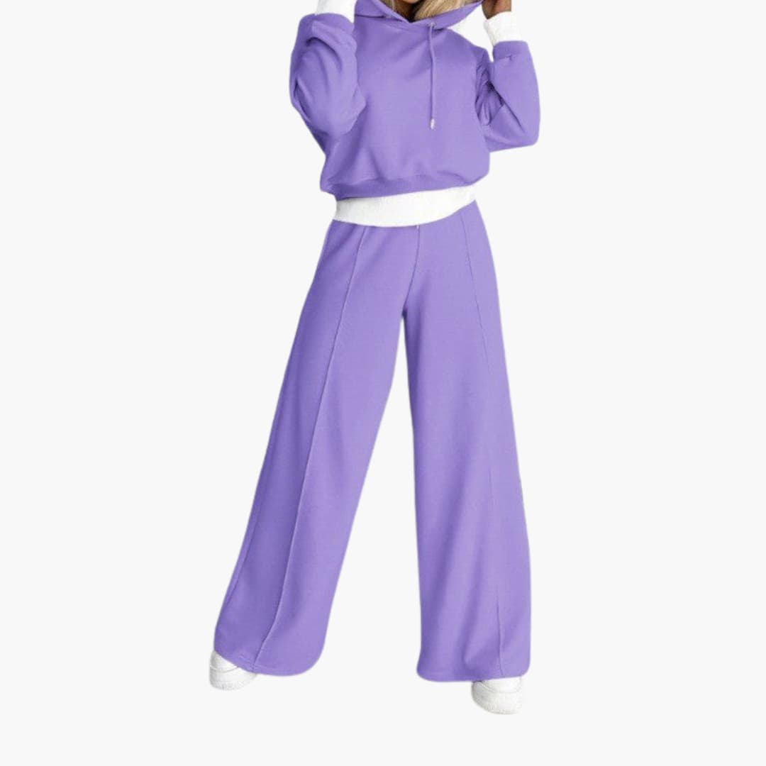 Women's pullover hoodie set with wide-leg pants, elastic waistband, relaxed fit cozy loungewear