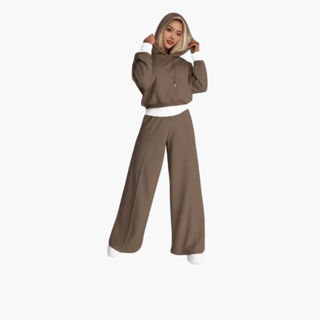 Women's hoodie set with wide-leg pants, relaxed fit loungewear featuring elastic waistband cozy pullover style