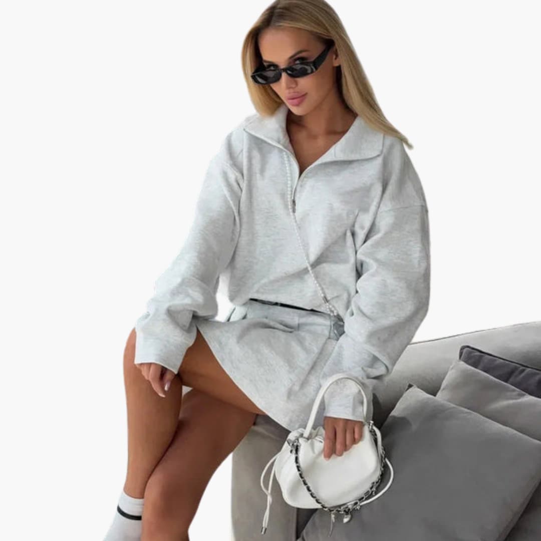 Women's zip-up collar sweater set with sleeveless inner top, modern layered silhouette for all-day comfort