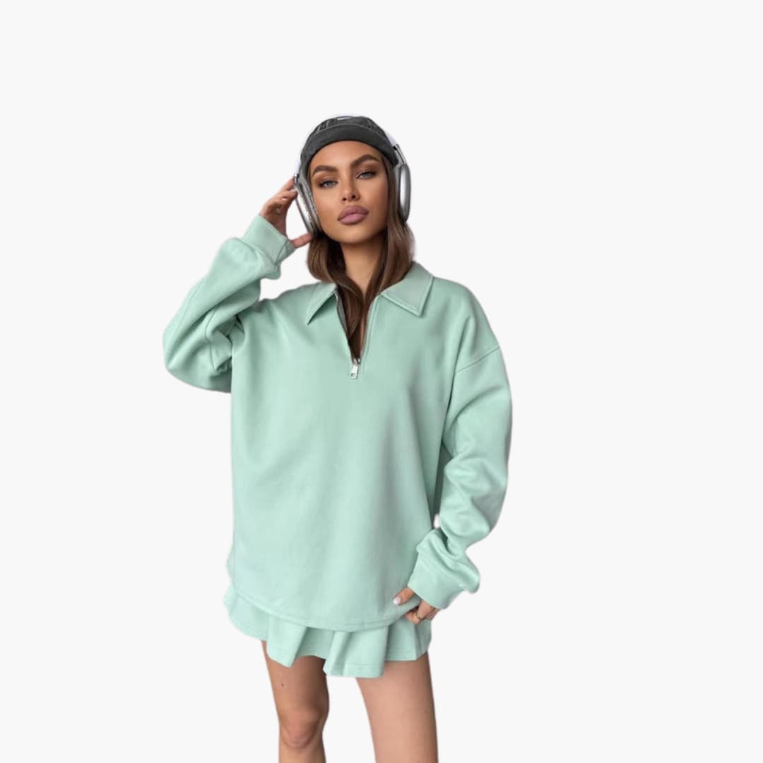 Women's zip-up collar sweater set with sleeveless inner top, clean modern silhouette for effortless layering