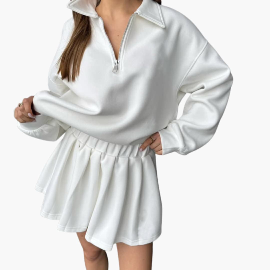 Women's zip-up collar sweater set with sleeveless inner top, modern layered silhouette for all-day comfort