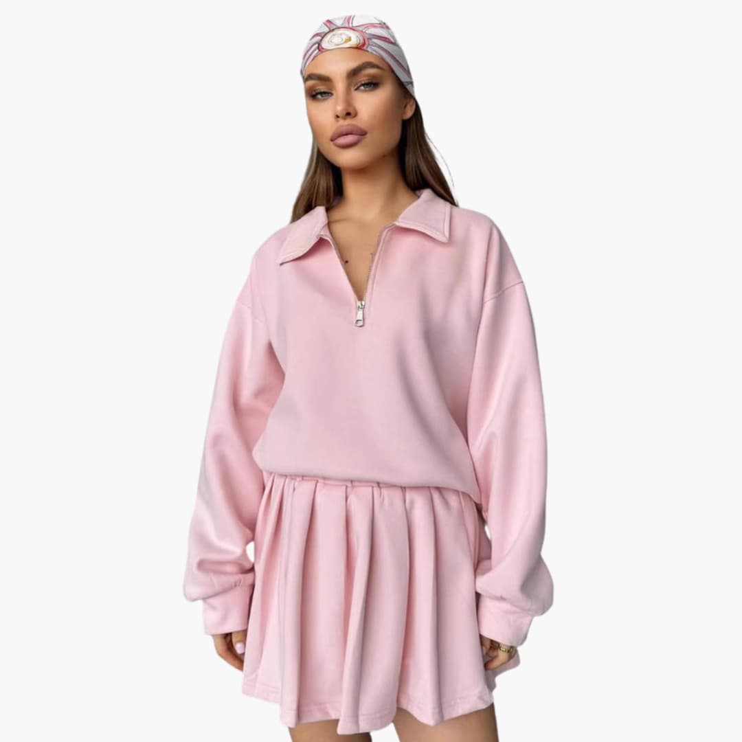 Women's zip-up collar sweater set with sleeveless inner top, modern layered silhouette for all-day comfort