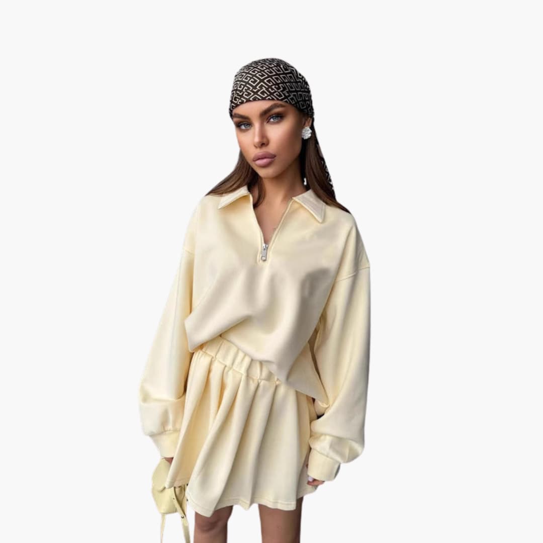 Women's zip-up collar sweater set with sleeveless inner top, modern layered silhouette for all-day comfort