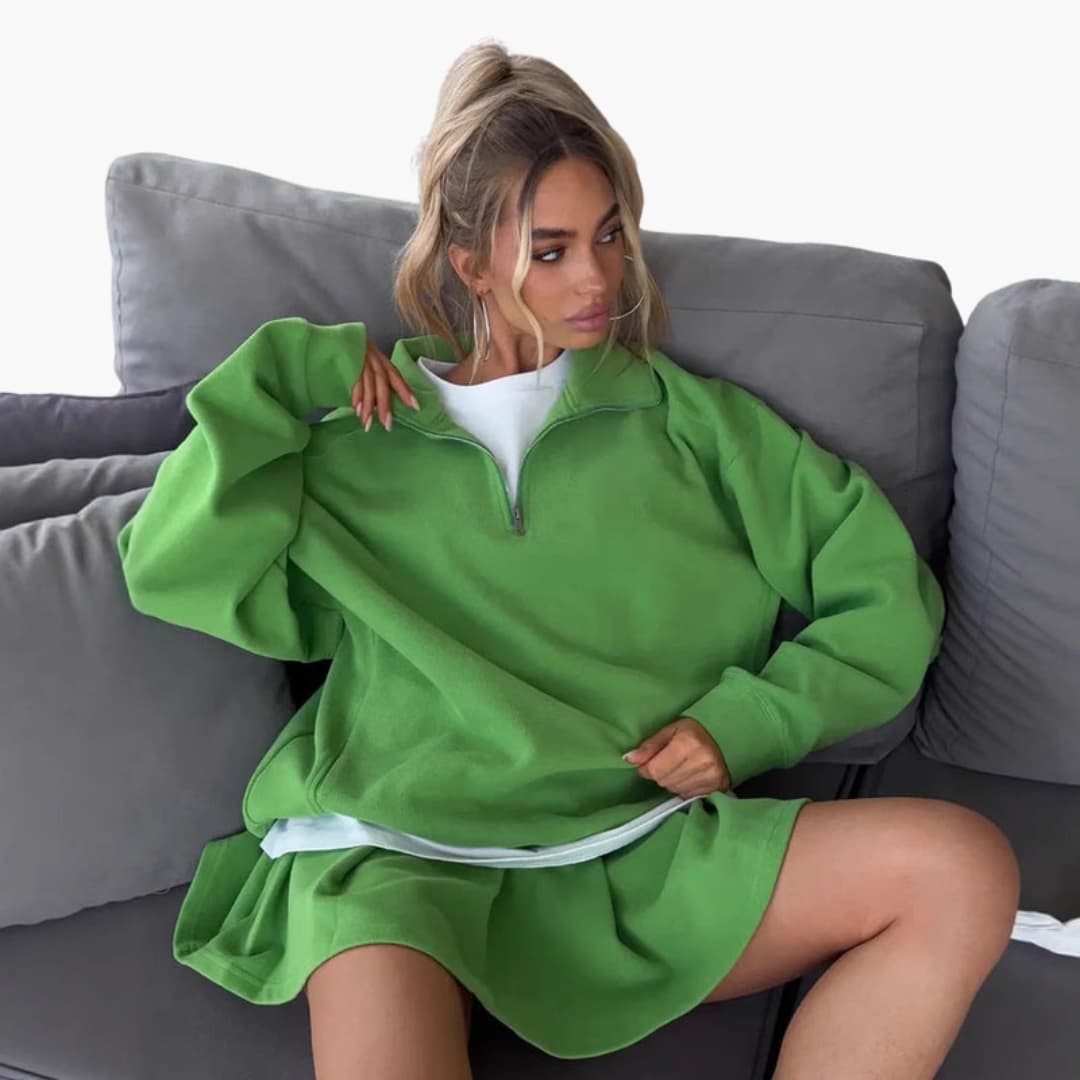 Women's zip-up collar sweater set with sleeveless inner top, modern layered silhouette for all-day comfort