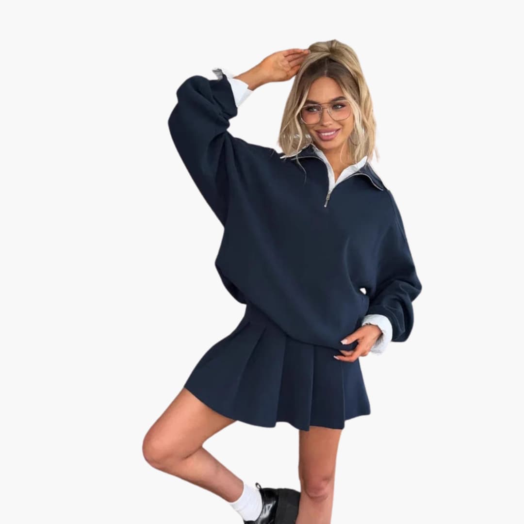 Women's zip-up collar sweater set with sleeveless inner top, clean modern silhouette for effortless layering