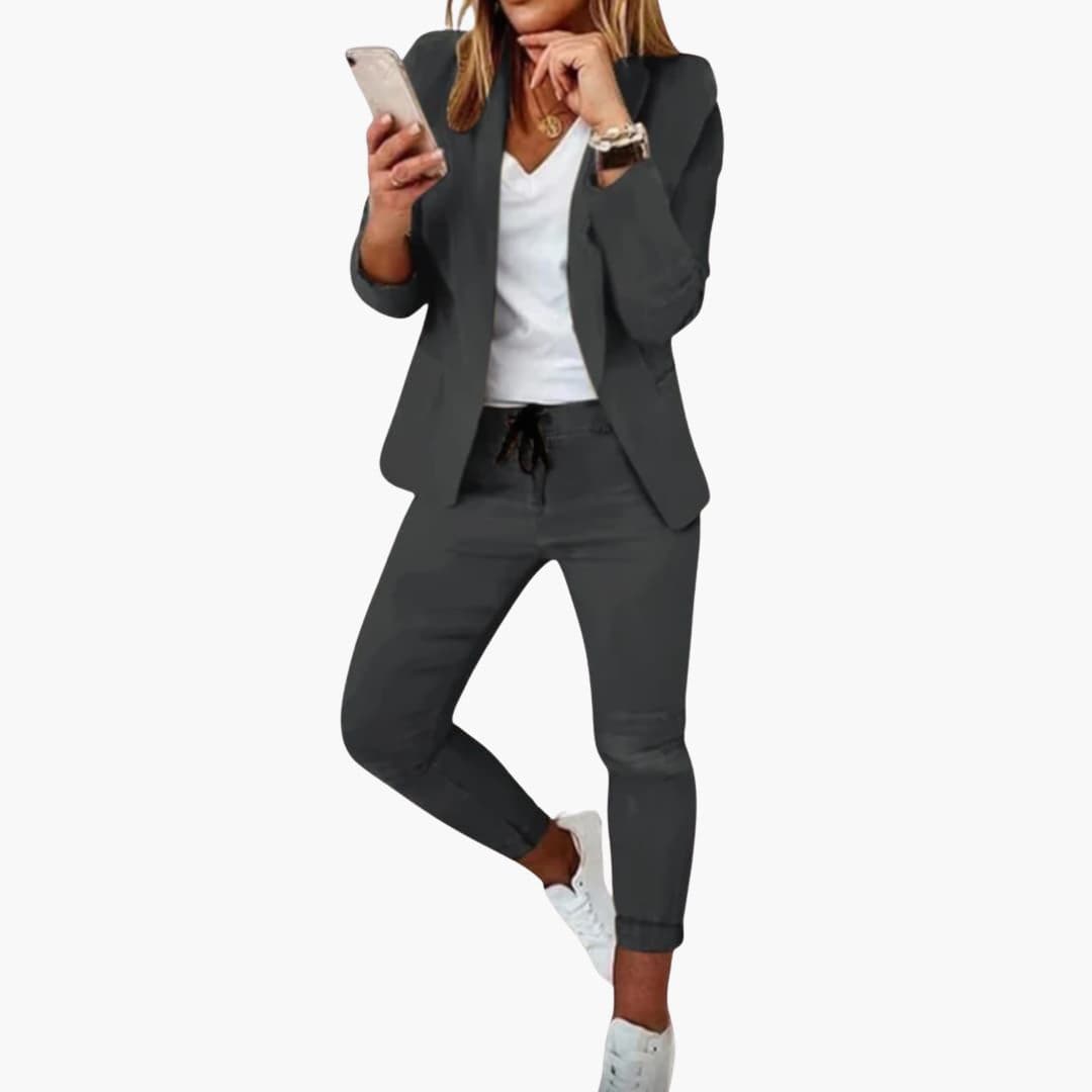 Women's relaxed-fit jacket and jogger set with drawstring waist, notch collar, and tapered pants