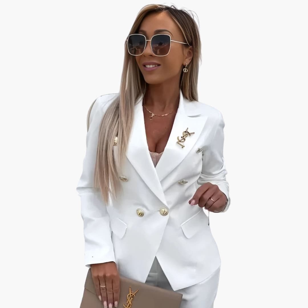 Women's tailored office suit set straight pants notched collar metal buttons flap pockets formal look
