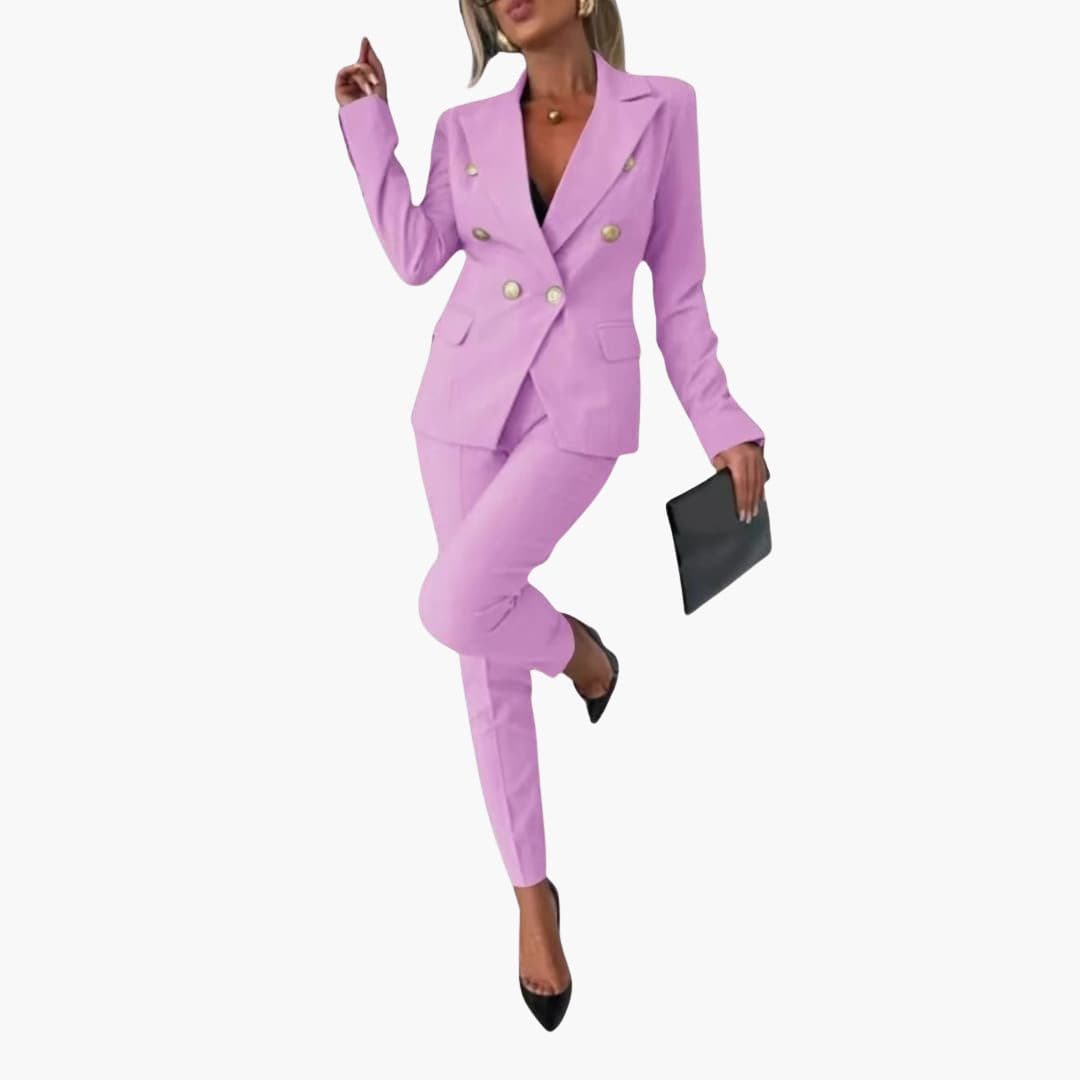 Women's tailored office suit set straight pants notched collar metal buttons flap pockets formal look