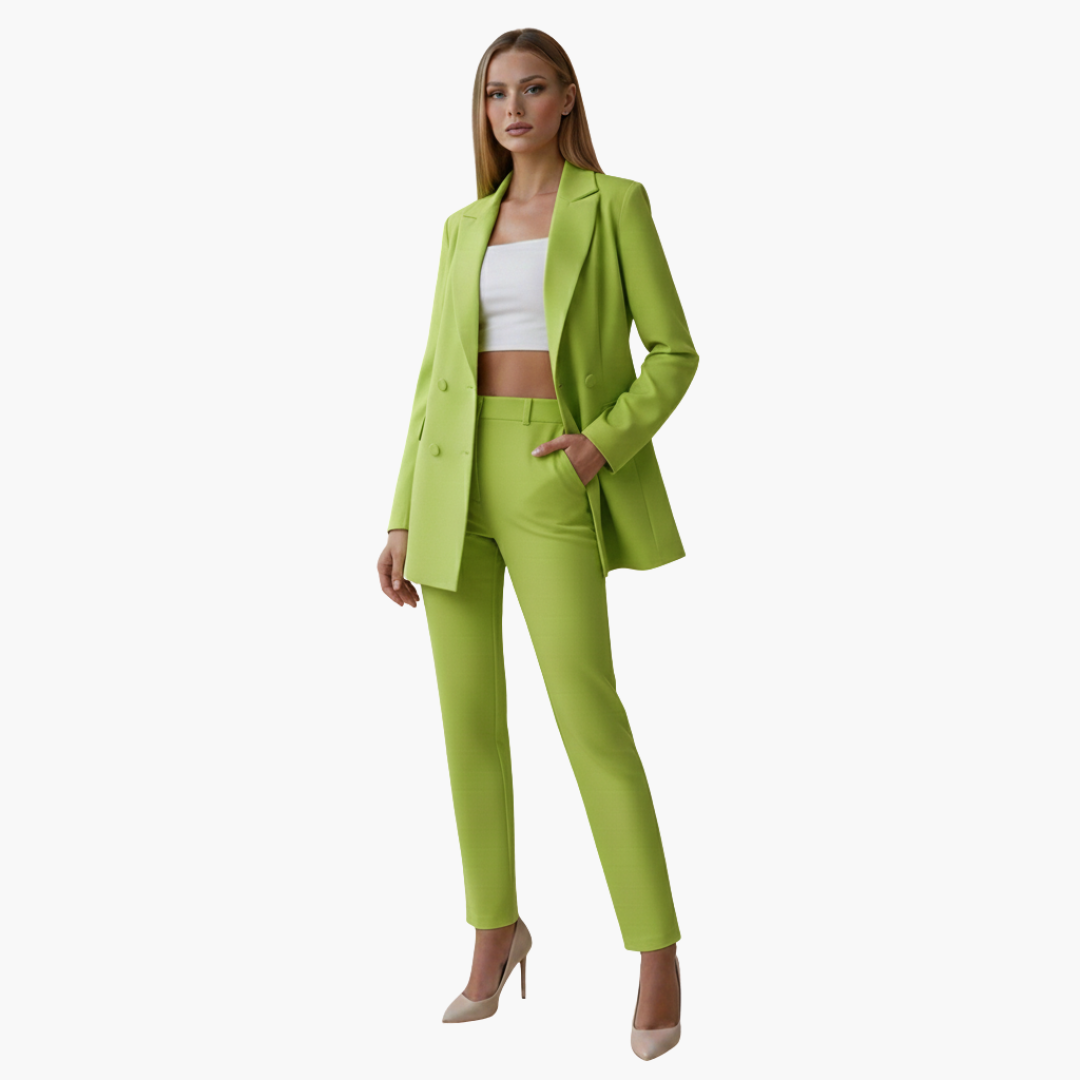 Women's tailored suit set with notch collar jacket and high-waist pants, polished office look