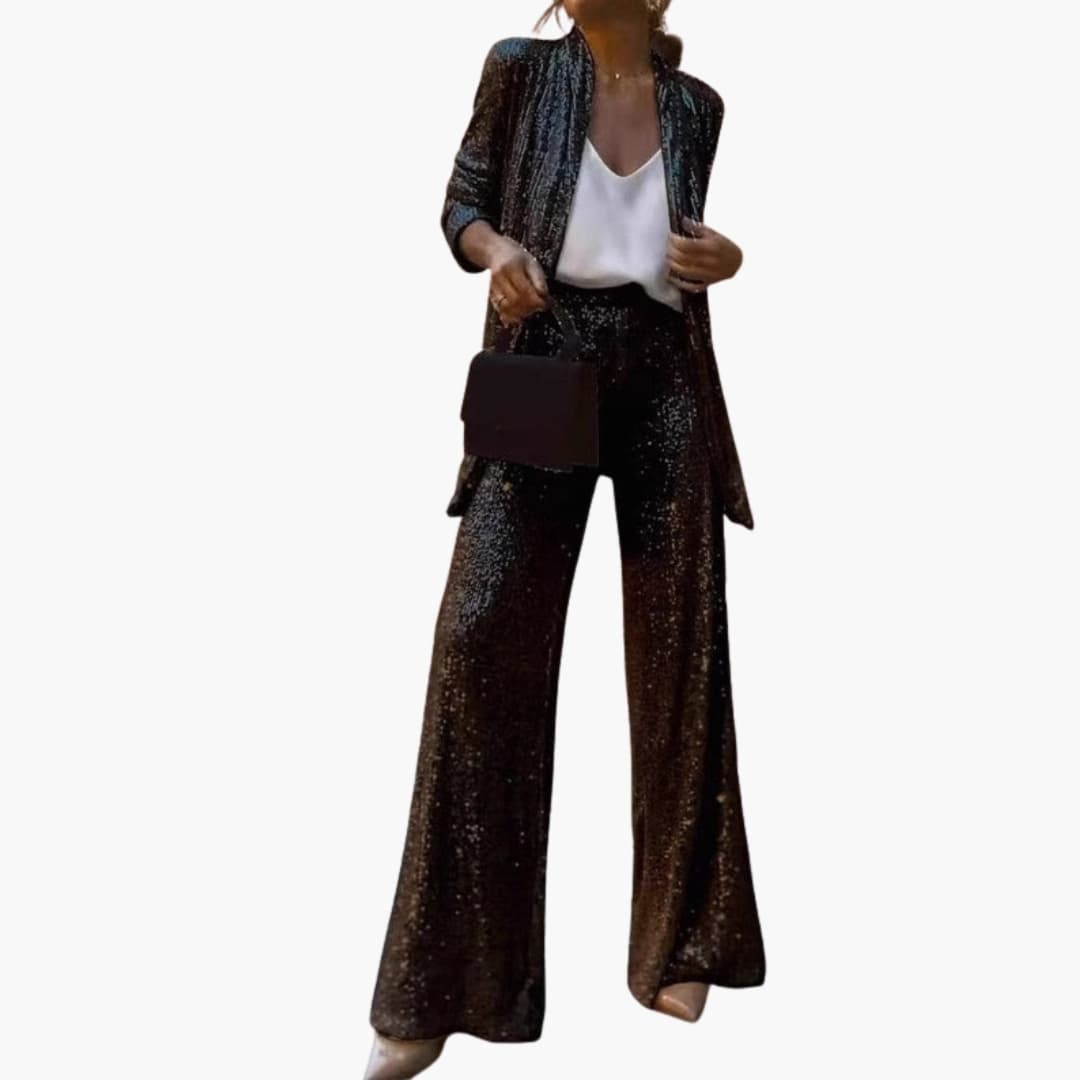 Women's gold sequin blazer set with wide-leg pants, structured waist, glamorous evening two-piece