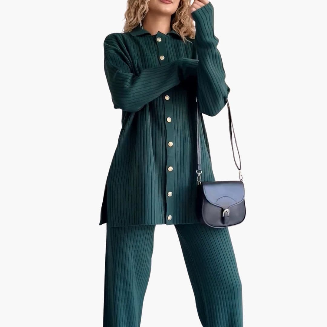 Women's ribbed knit cardigan wide pants set button closure elastic waist cozy two-piece outfit