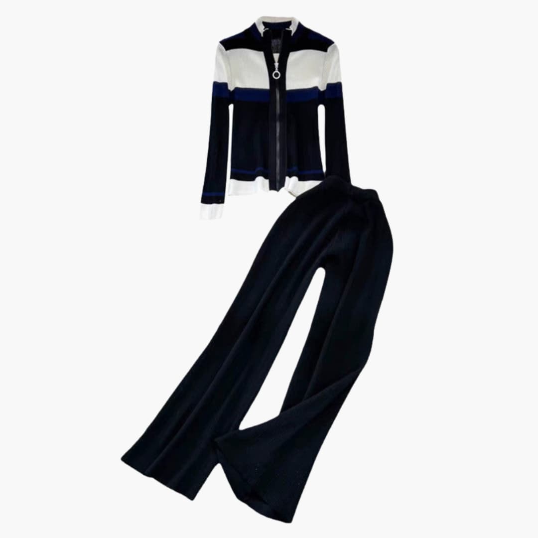 Women's chic two-piece set zipped cardigan long sleeves flared patterned pants coordinated outfit