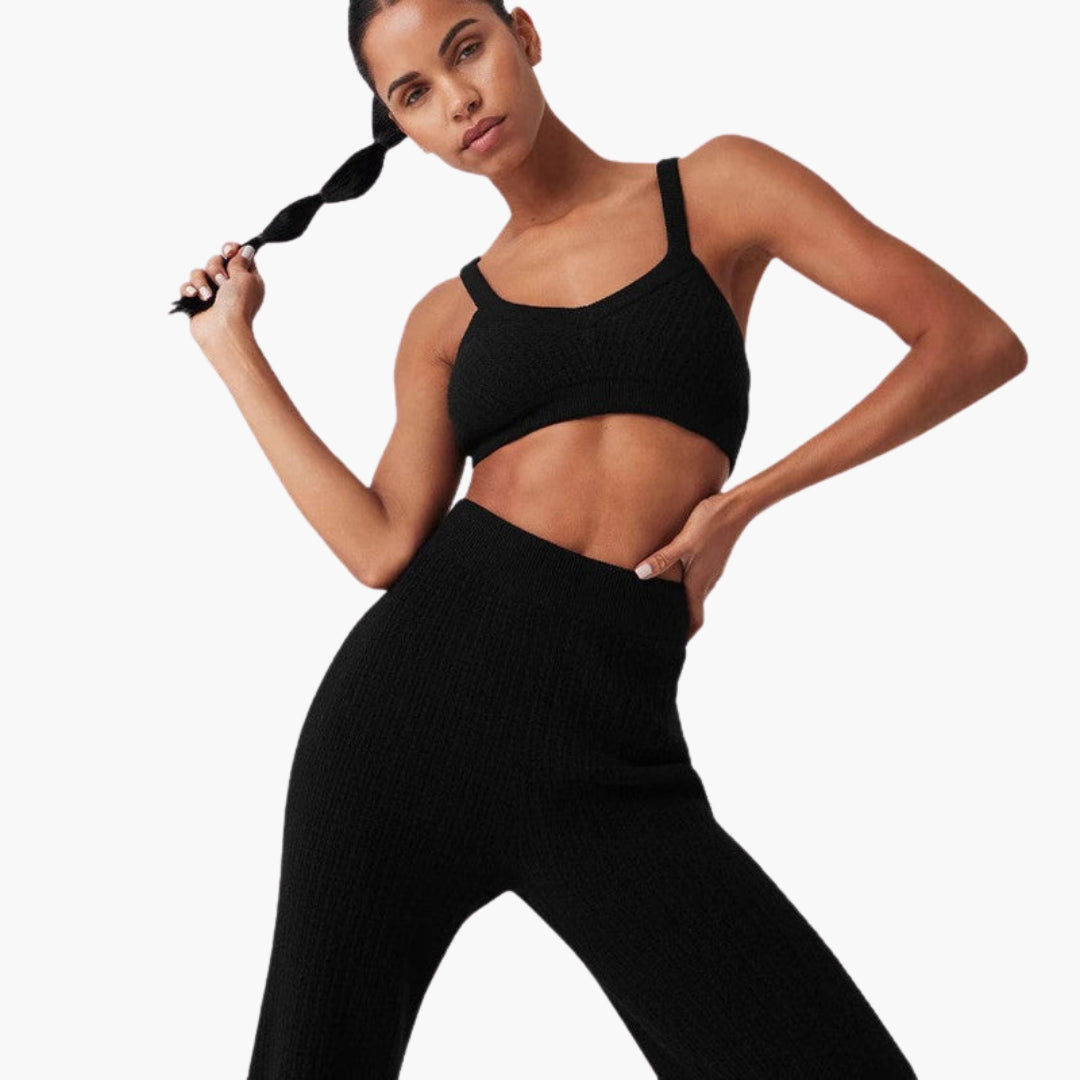 Women's ribbed knit cropped top and high-waisted leggings set with elastic waistband, casual style