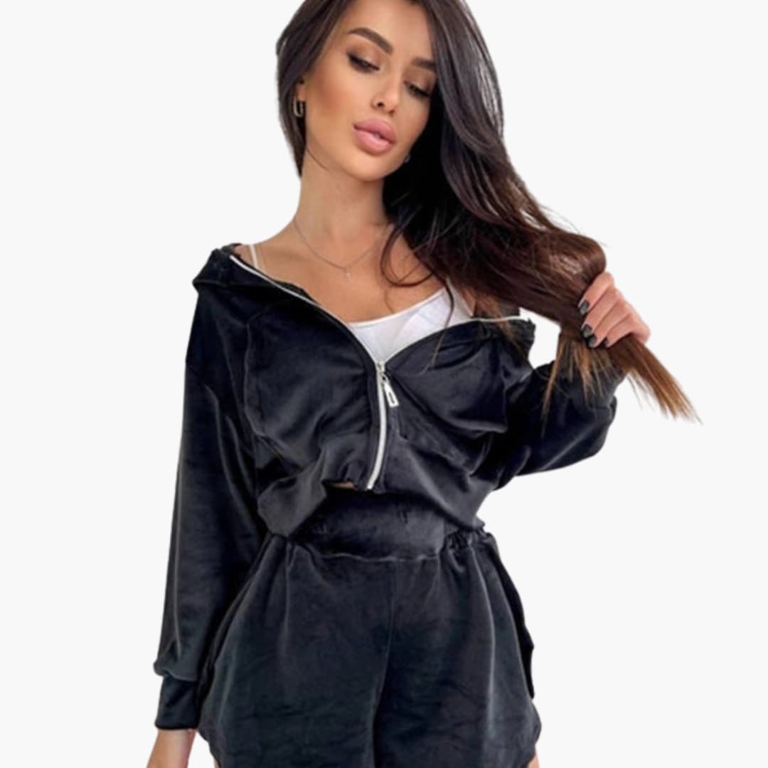 Women's cropped hoodie set with zipper front and elastic waist shorts, casual active two-piece
