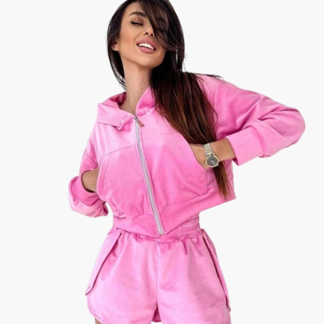 Women's cropped hoodie set gray zipper front elastic waist shorts two-piece activewear