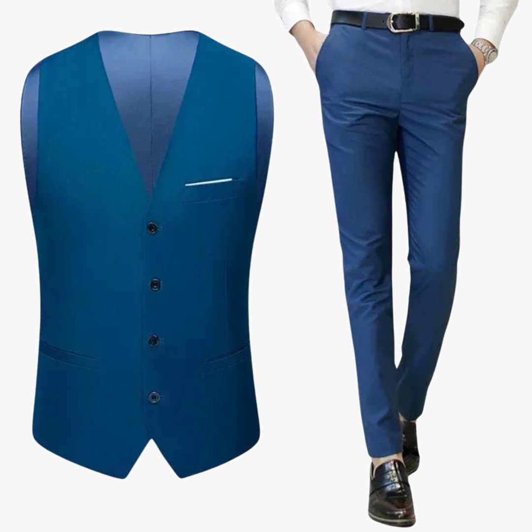 Men's formal vest and pants suit set, V-neck buttoned vest with straight-cut trousers, classic two-piece