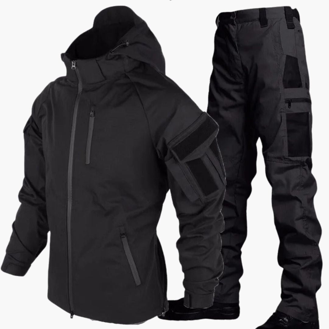 Men's olive green hooded outdoor jacket and utility pants set with zipper front and adjustable cuffs