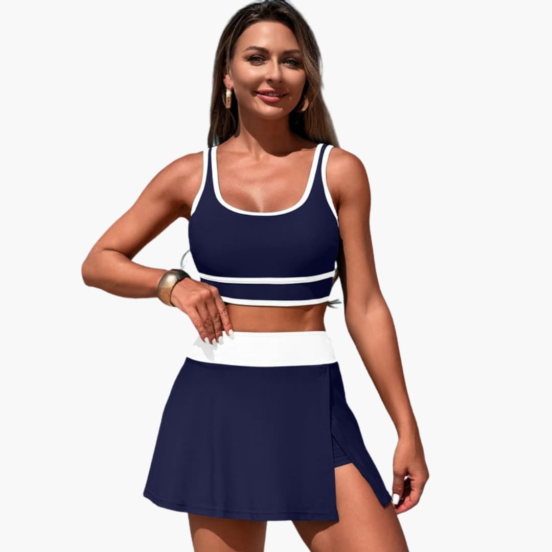 Women's two-piece swim skirt set with elastic waistband, matching top, flattering coverage for beach