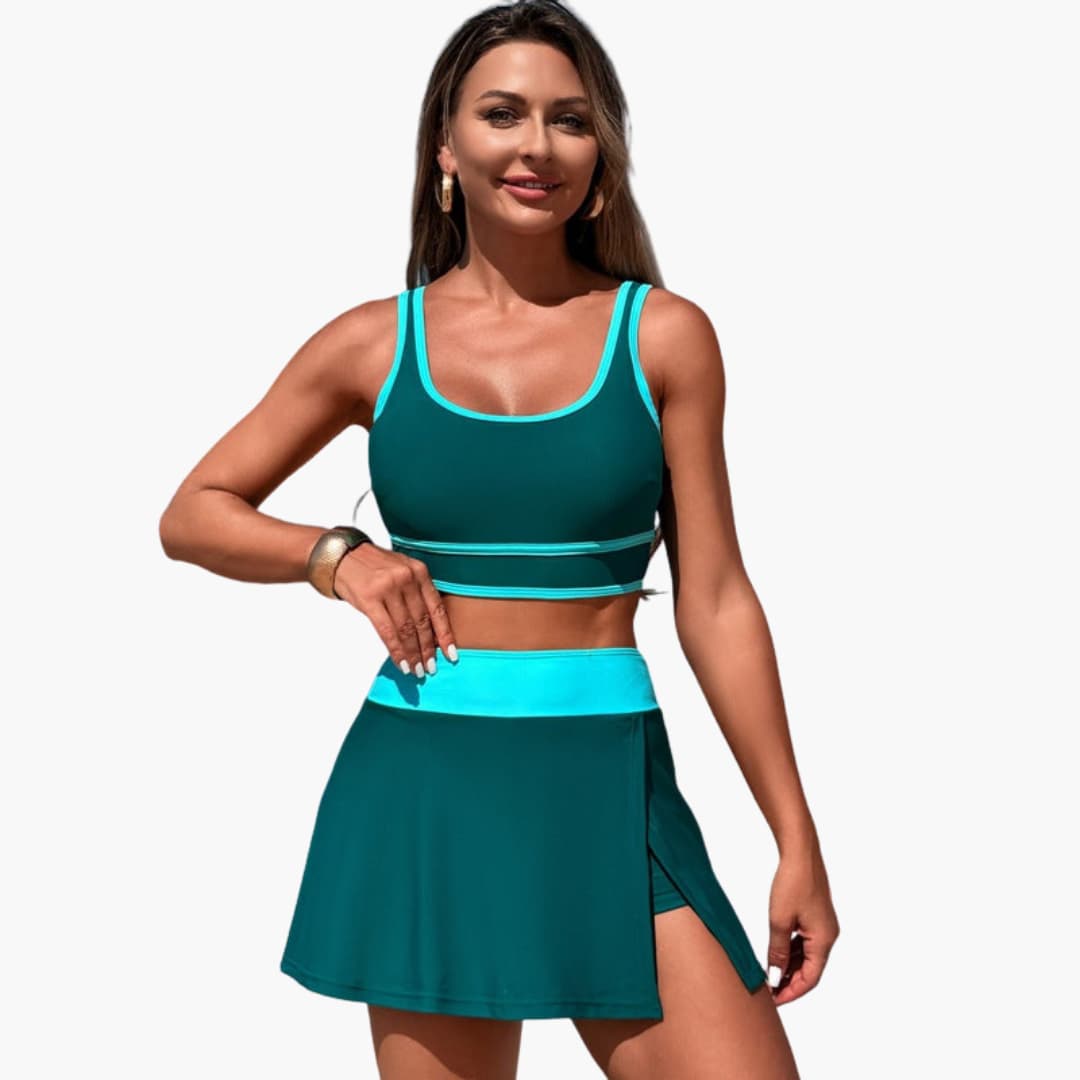 Women's two-piece swim skirt set elastic waistband flattering coverage matching top beach bathing suit