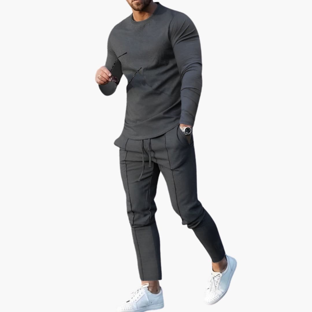 Men's gray 2-piece loungewear set crew neck long sleeve top tapered joggers ribbed cuffs slim fit