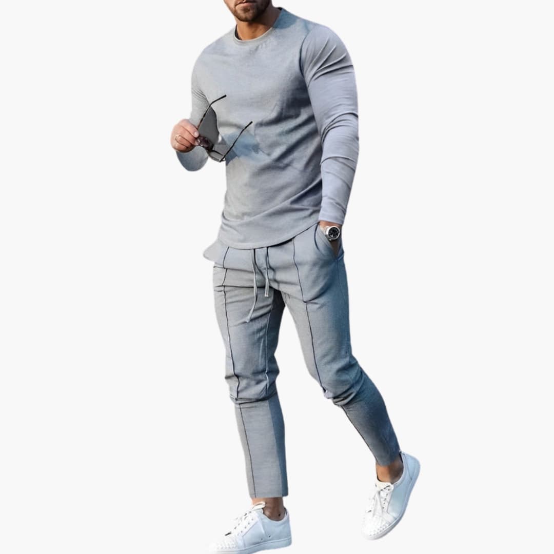 Men's gray slim-fit 2-piece loungewear set with ribbed-cuff crew neck top and tapered joggers
