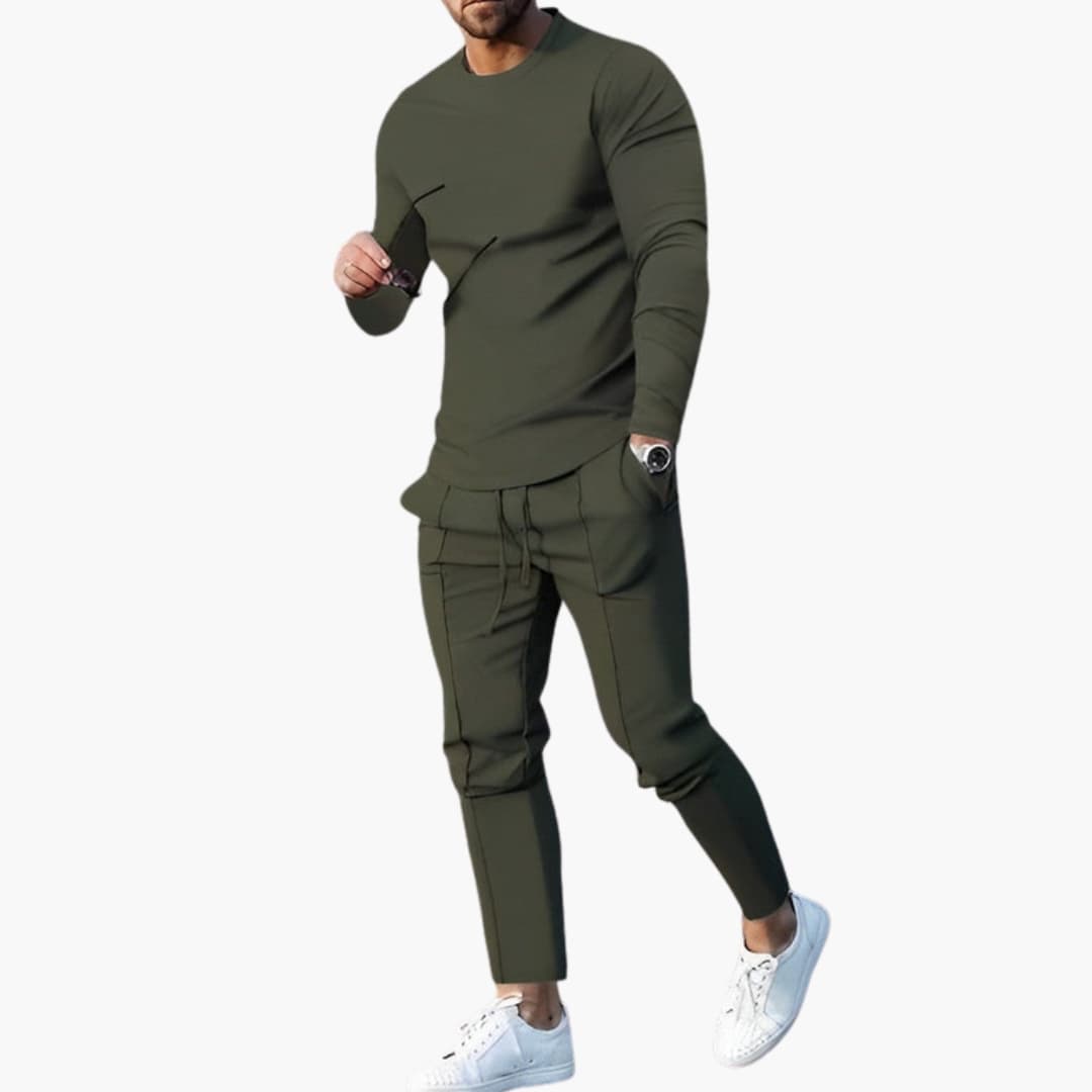Men's gray 2-piece loungewear set crew neck long-sleeve top tapered joggers ribbed cuffs relaxed fit