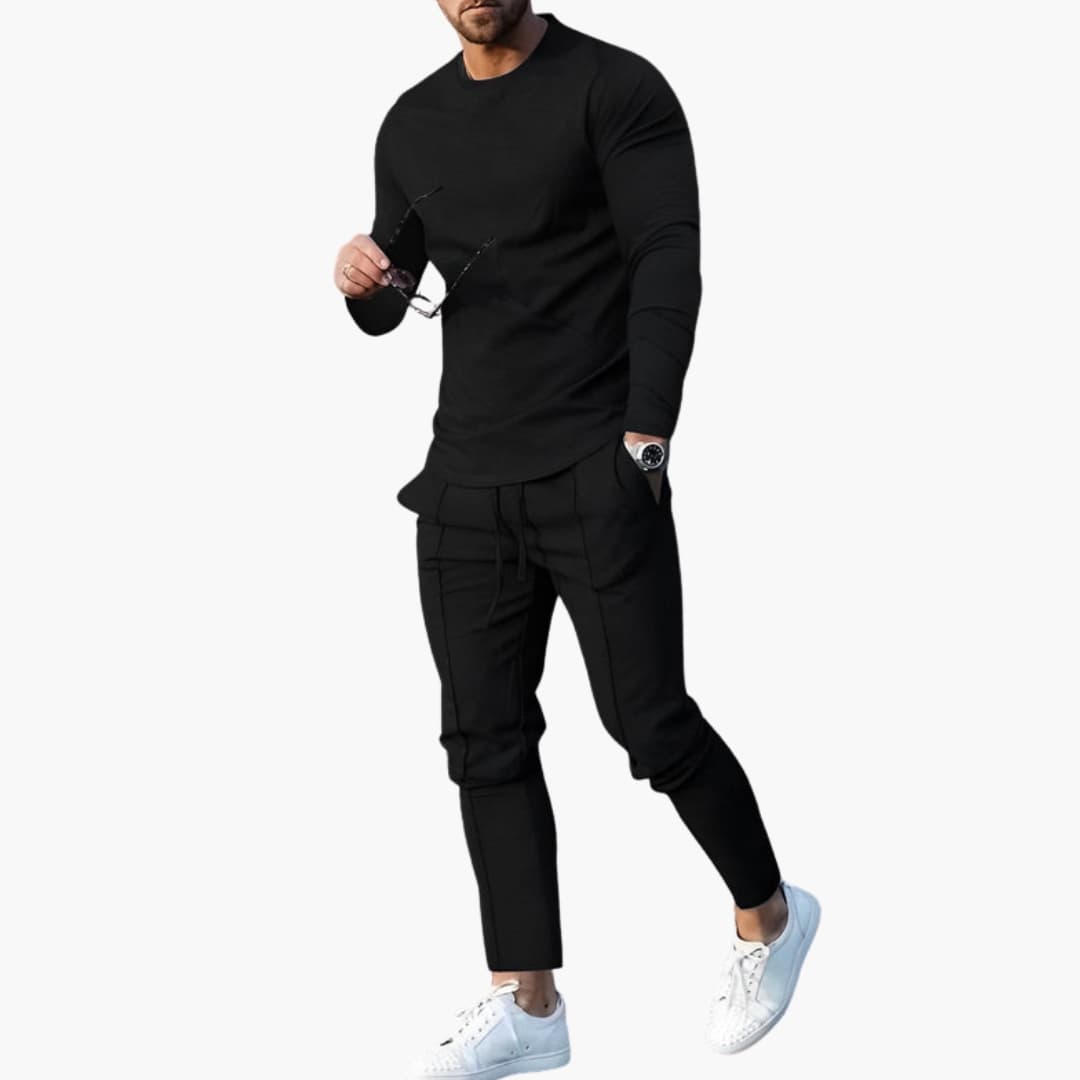 Men's gray 2-piece loungewear set crew neck long sleeve top tapered joggers ribbed cuffs slim fit