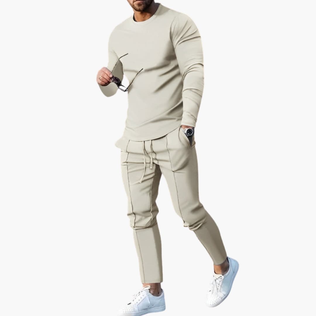 Men's grey slim-fit 2-piece loungewear set crew neck top ribbed cuffs tapered joggers elastic waist