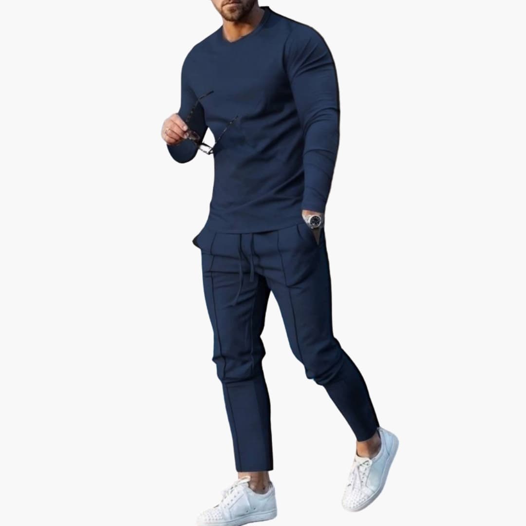 Men's grey 2-piece loungewear set slim-fit crew neck top ribbed cuffs tapered joggers elastic waist