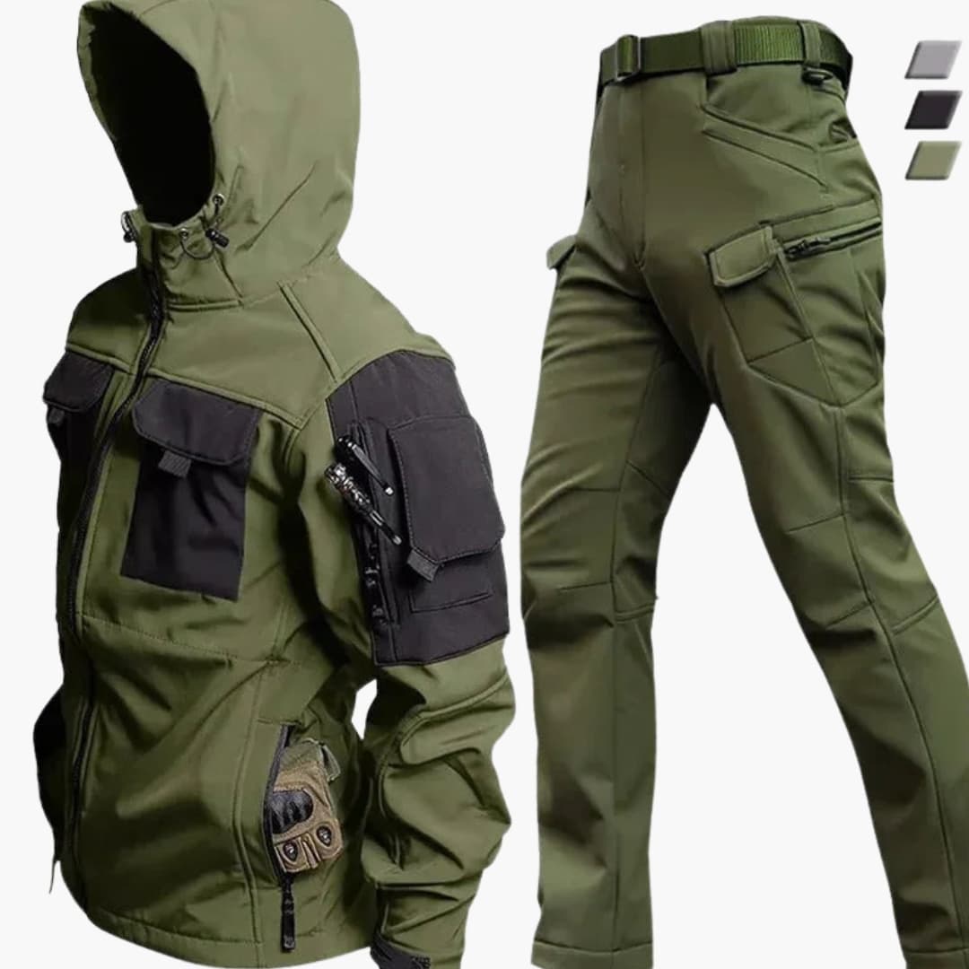 Men's gray zip-up jacket and straight pants outdoor set with front zipper and structured waist