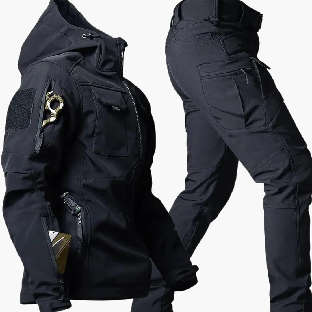 Men's olive zip-up jacket and straight pants set with front zipper closure for outdoor adventures