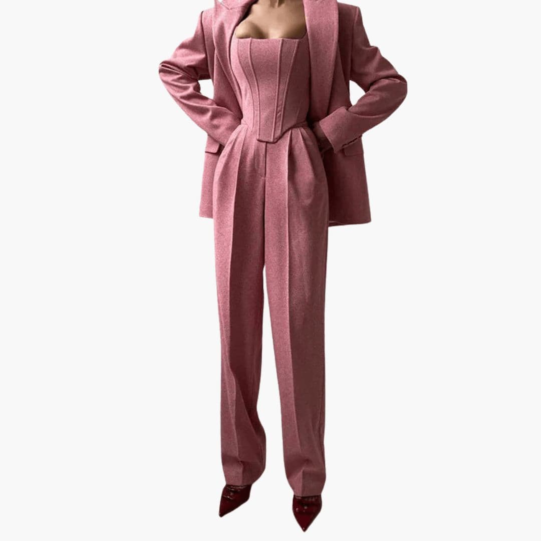 Women's corset jacket pantsuit set sleek fitted bodice high-waist pants solid woven professional look
