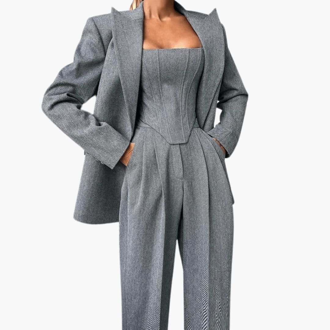 Women's corset jacket pantsuit set sleek fitted bodice high-waist pants professional two-piece suit