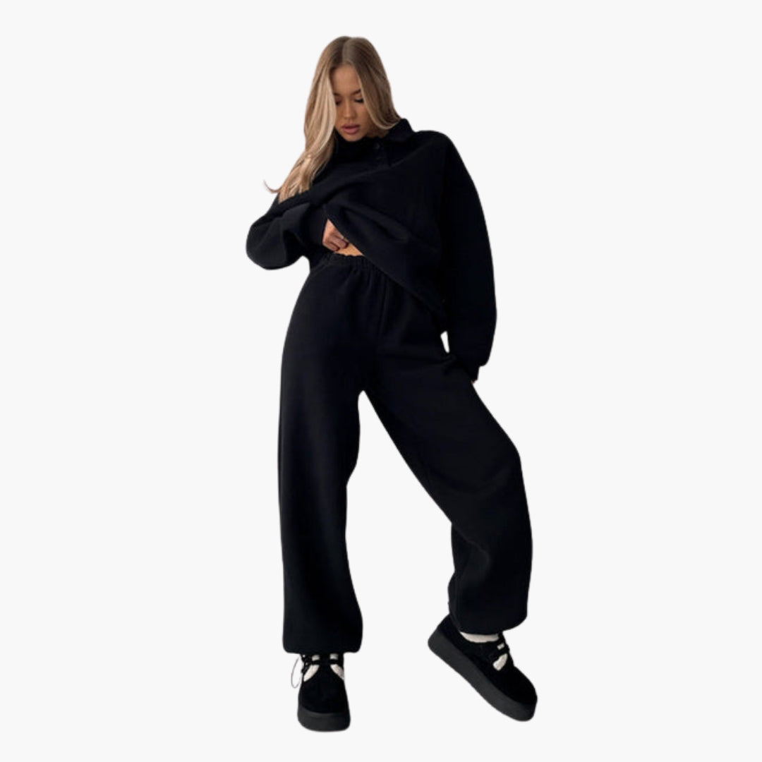 Women's gray fleece set polo collar top wide-leg pants soft cozy loungewear