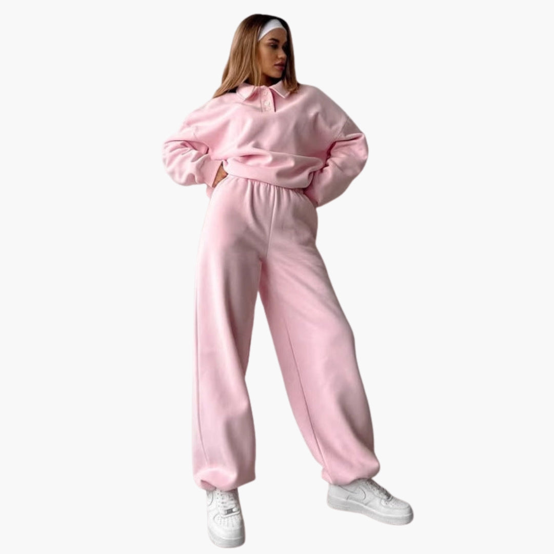 Women's cream fleece matching set polo collar top wide-leg pants cozy relaxed loungewear