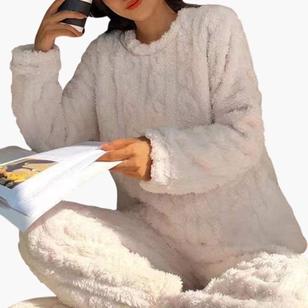 Women's polar fleece pajama set long sleeves elastic waist cozy loungewear matching top and pants