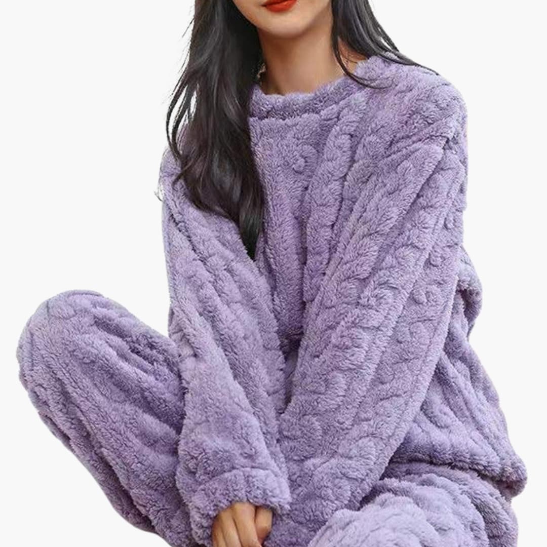 Women's polar fleece pajama set long sleeve round neck elastic waist cozy lounge matching set